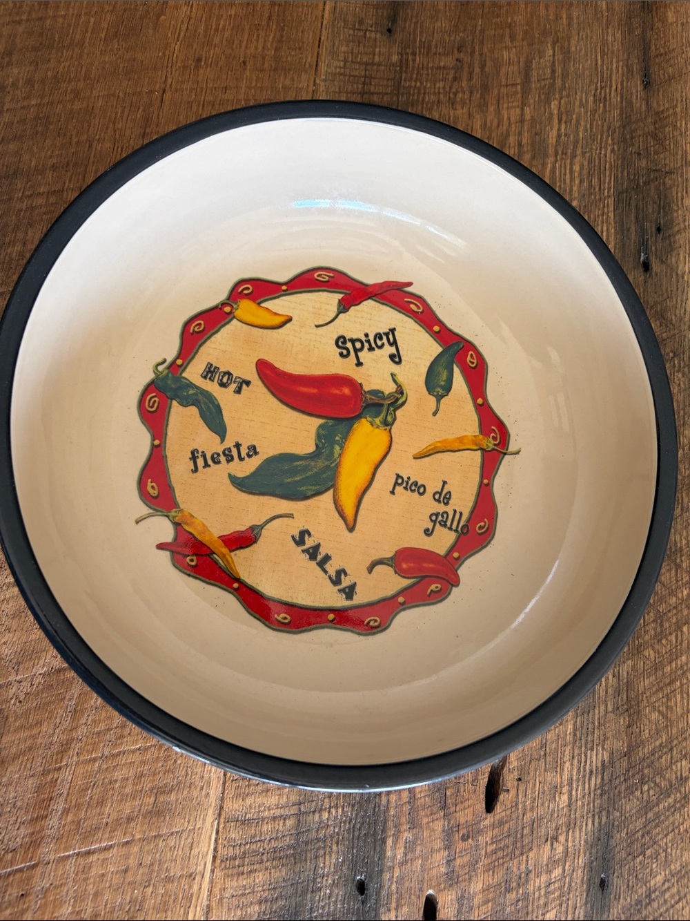 Vintage Cream Ceramic Serving Bowl with Multicolor Chili Pepper Motif